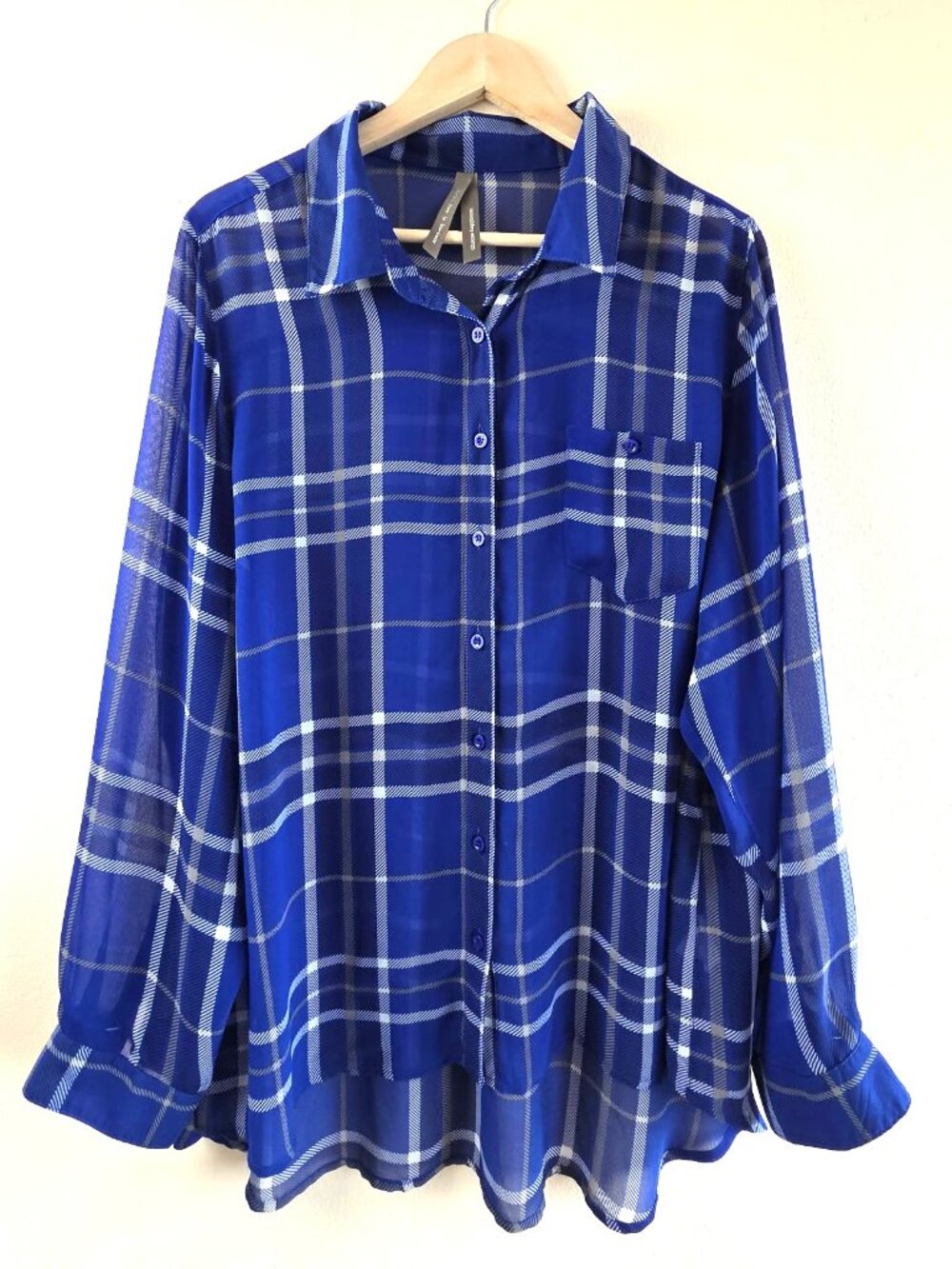 Penningtons Button Up Blouse Semi-Sheer Blue Check XL Flowy Boho-Chic